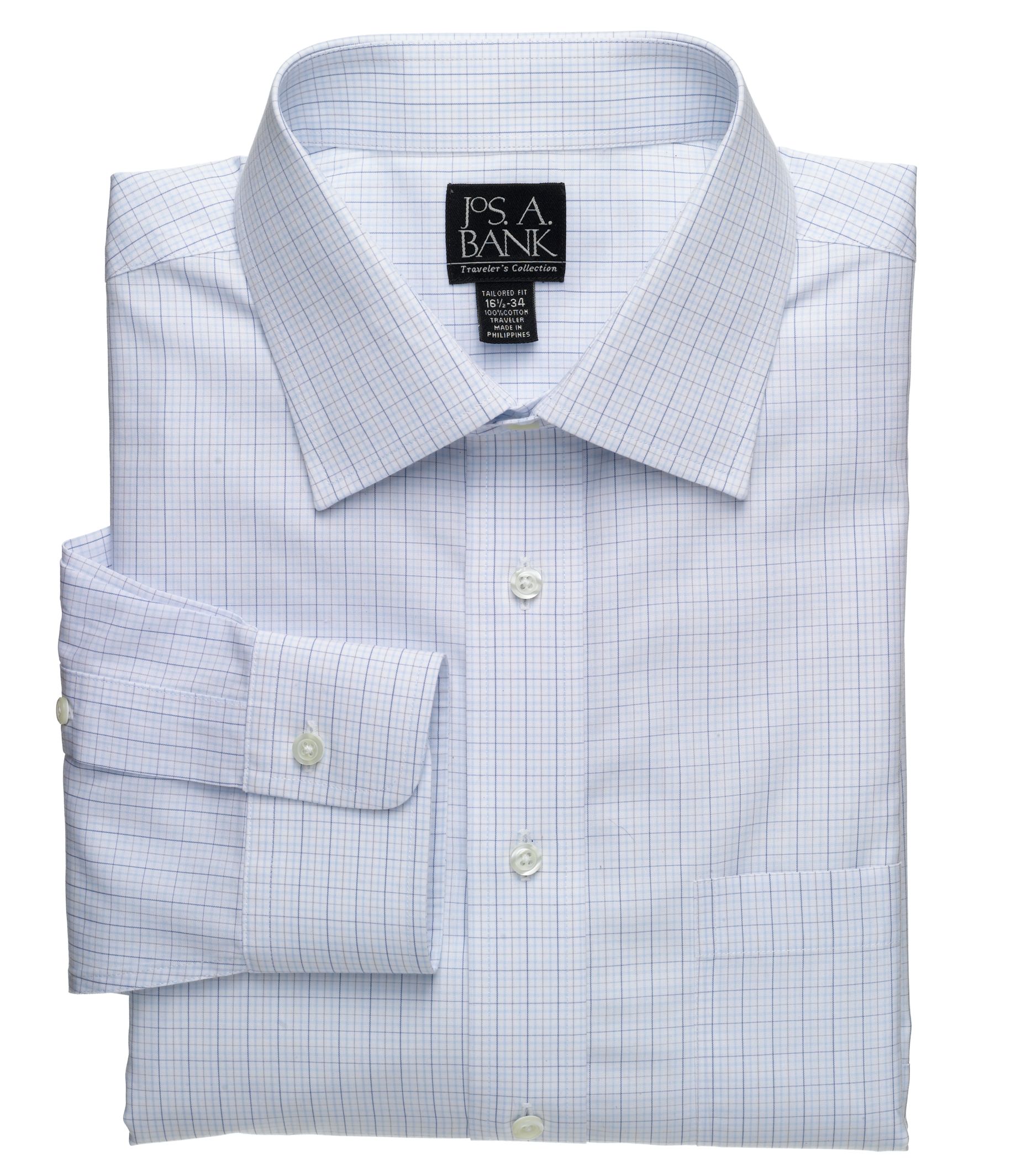 Traveler Tailored Fit Spread Collar Plaid Dress Shirt
