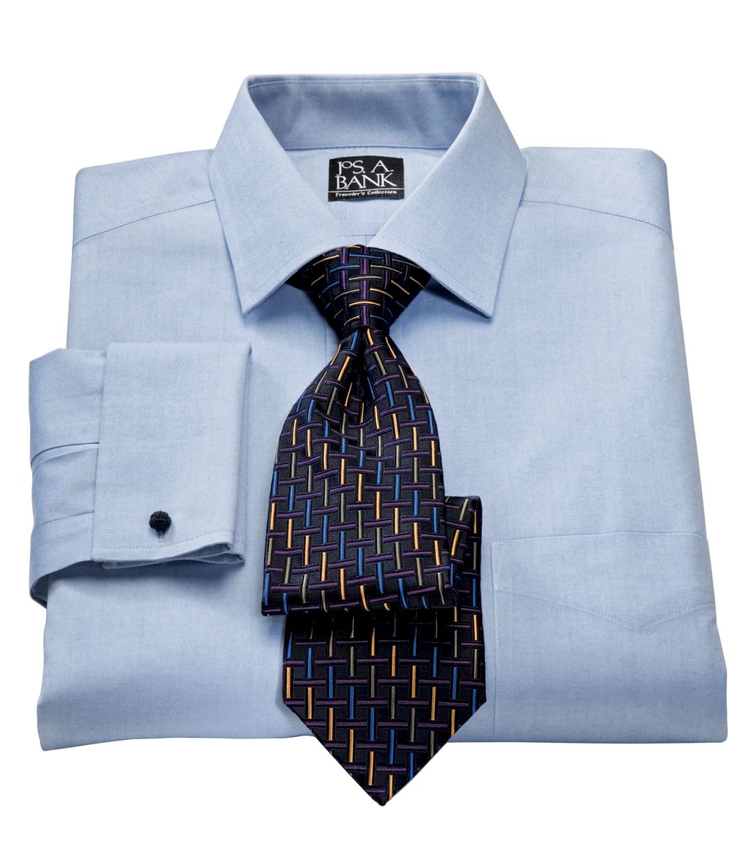 Traveler Pinpoint Solid Tailored Spread Collar, French Cuff Dress Shirt ...