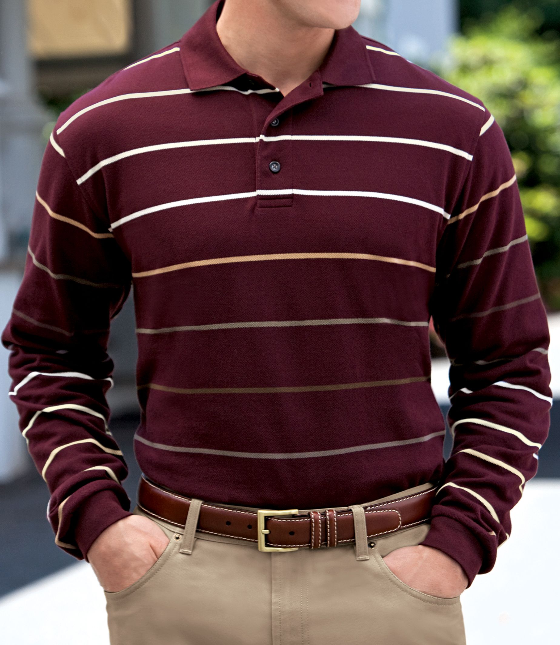 Traveler Long-Sleeve Polo-Burgundy Multi Stripe Big and Tall