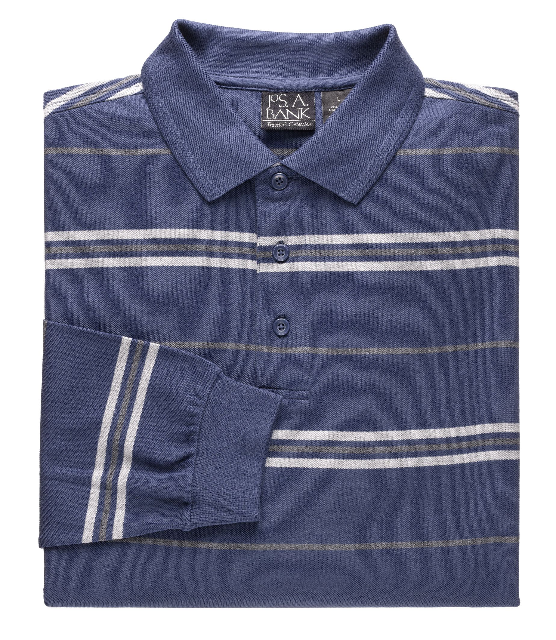 Traveler Long Sleeve Polo Navy/Charcoal Stripe- Big and Tall