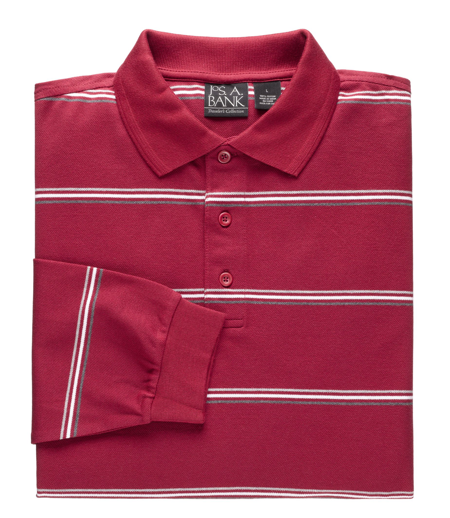 Traveler Long Sleeve Polo Red/Charcoal/White Stripe- Big and Tall