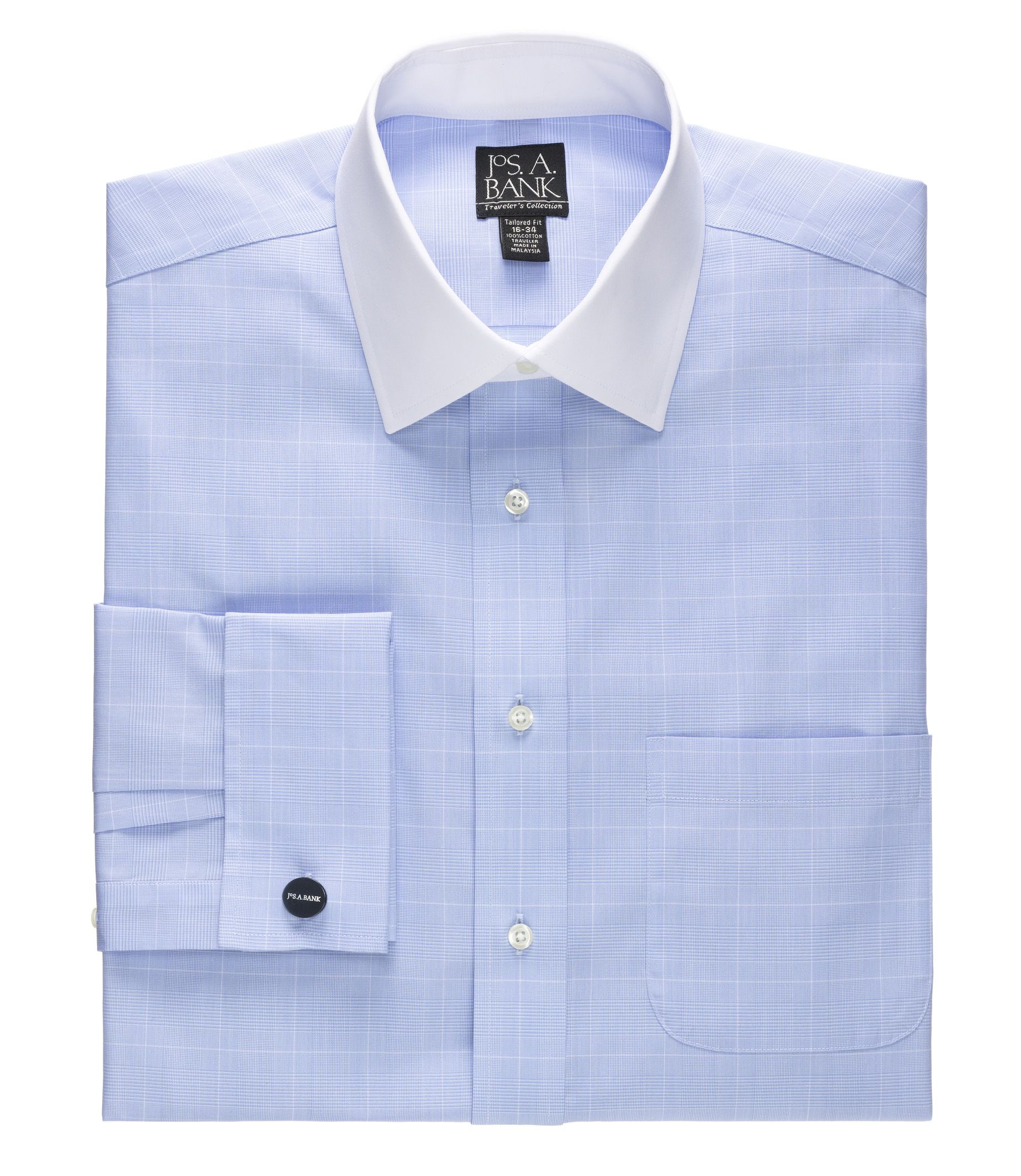 Traveler White Spread Collar, Self French Cuff Plaid Dress Shirt