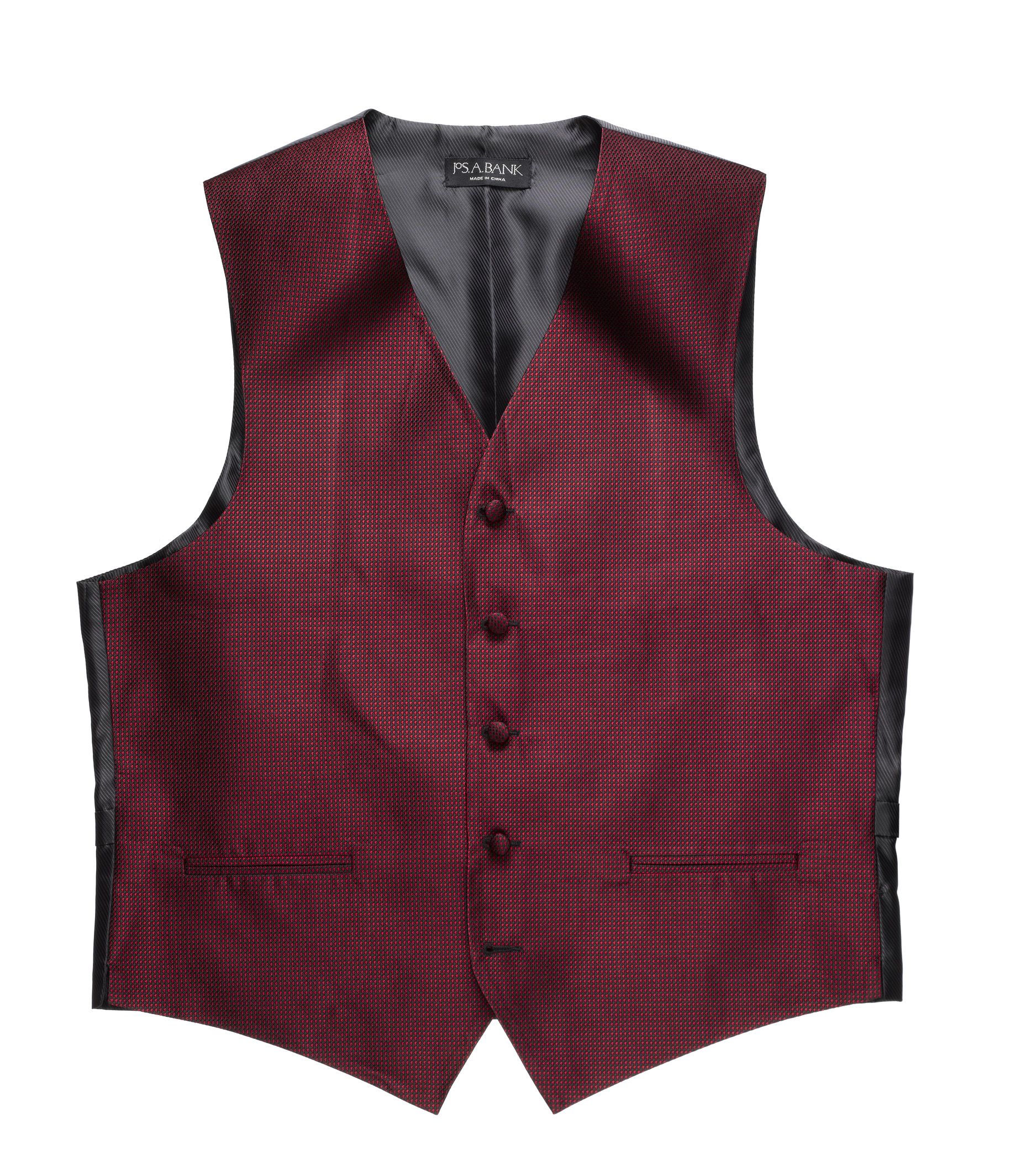 black shirt burgundy vest