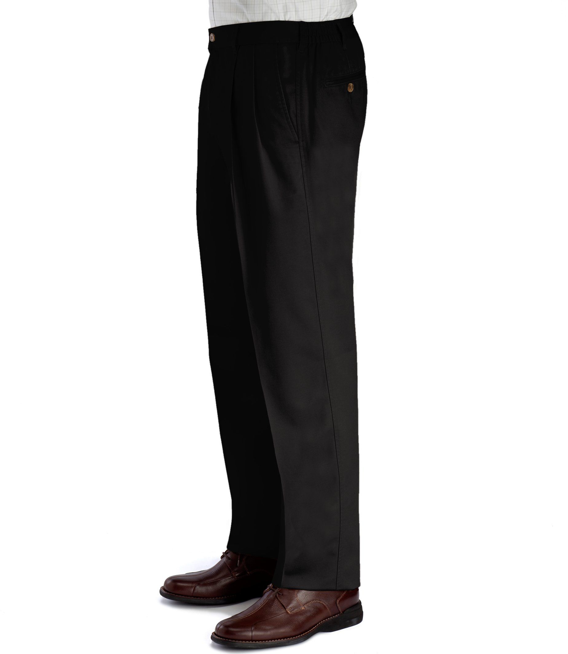 Wrinkle-Resistant Cotton Twill Pleated Pants with Side Elastic- Sizes 44-48