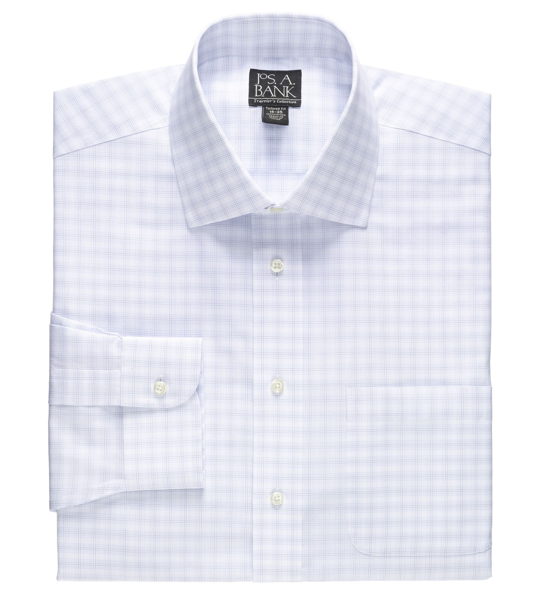 Traveler Pinpoint White Ground Plaid Spread Collar Dress Shirt