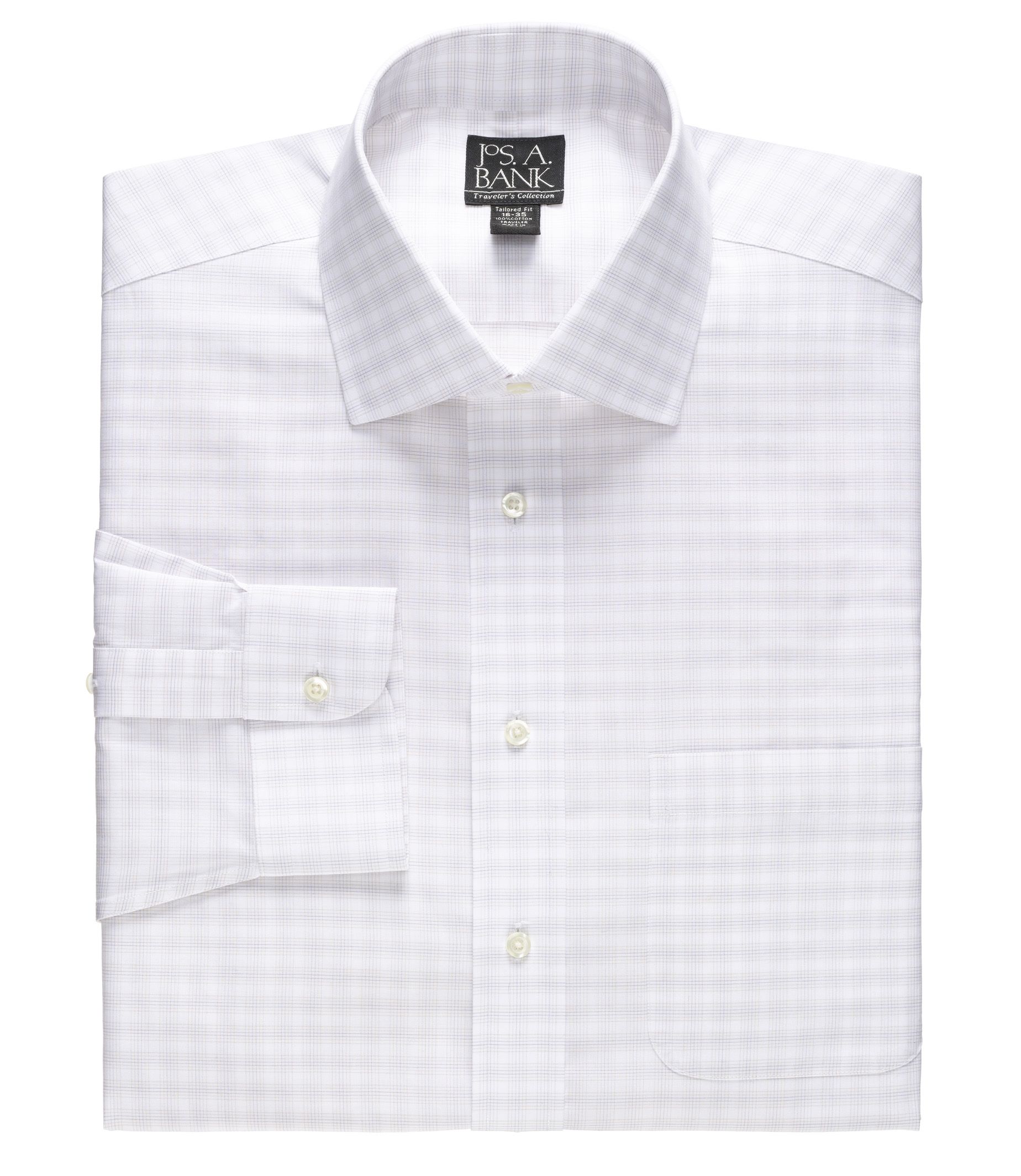 Traveler Tailored Fit Spread Collar White Ground Plaid Dress Shirt