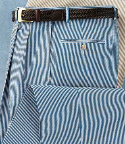 Stays Cool Cotton Blue Pleated-Front Seersucker Pants- Sizes 44-48