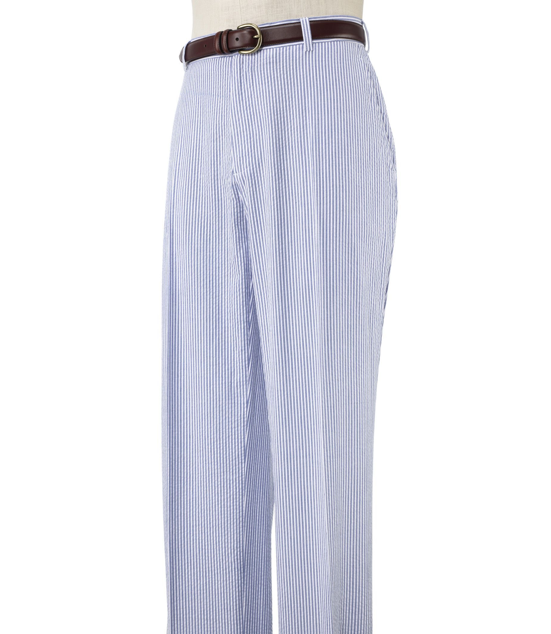 Stays Cool Cotton Blue Plain Front Seersucker Pants- Sizes 44-48