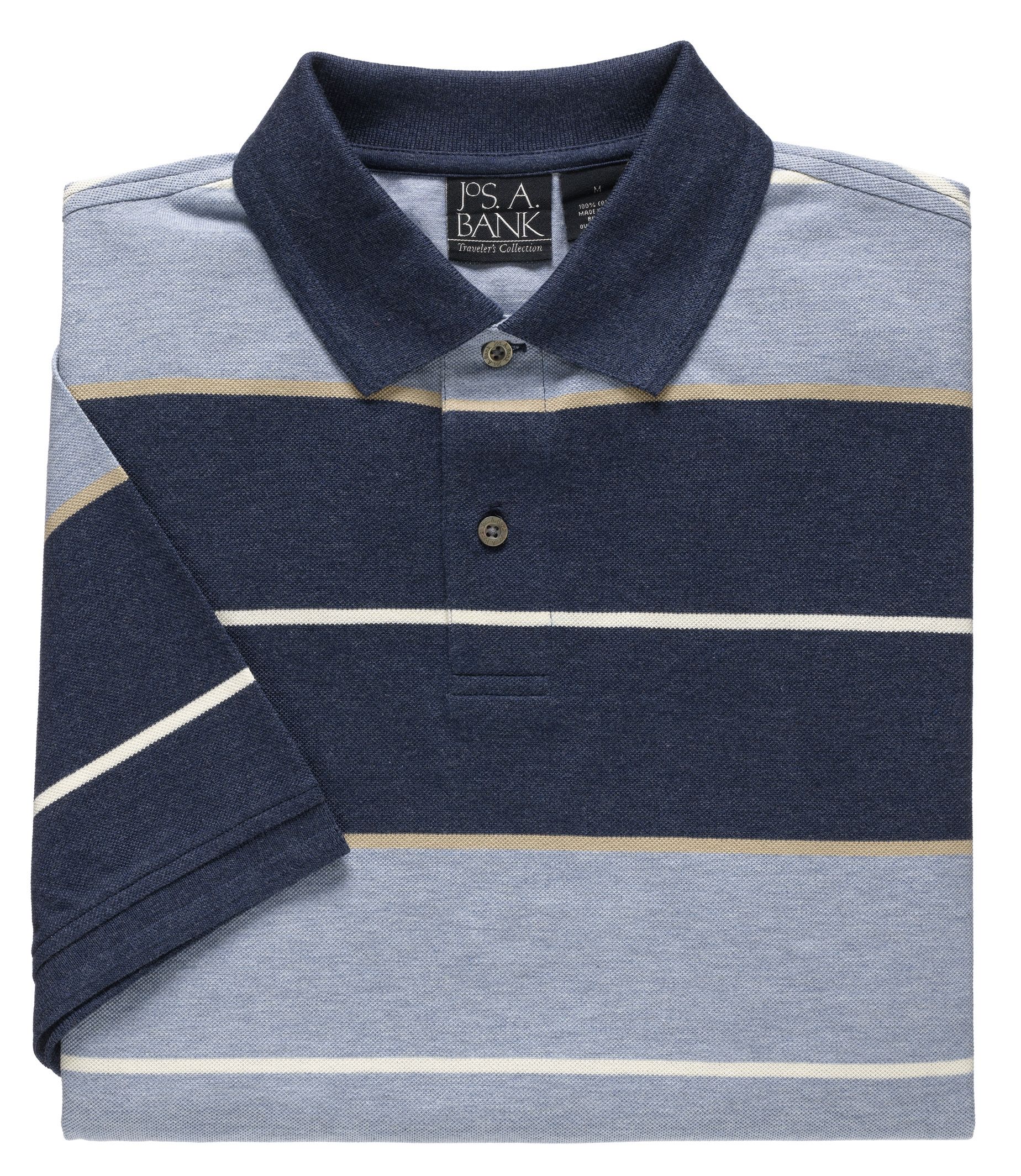 Traveler Striped Short Sleeve Pique Polo- Navy/Blue/Khaki/Heather