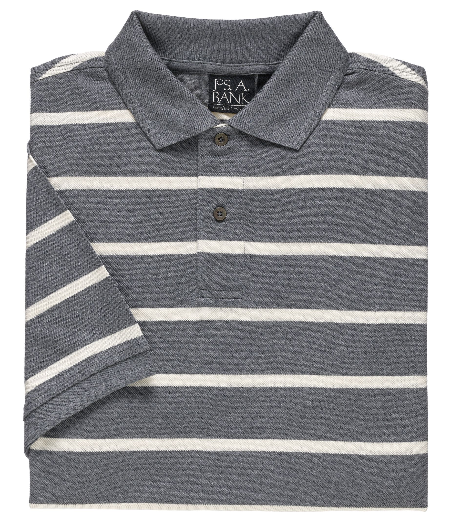 Traveler Striped Short Sleeve Polo- Heather/Grey/Off White
