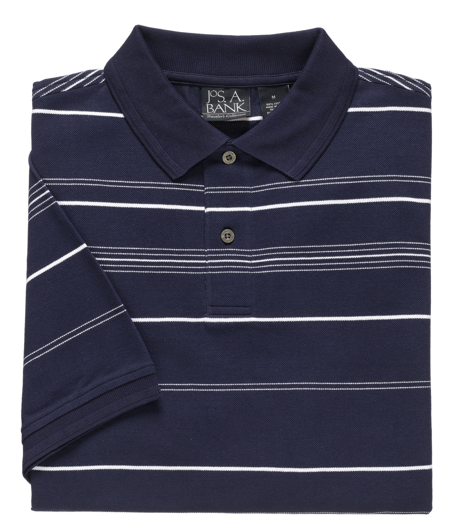 Traveler Striped Short Sleeve Pique Polo- Navy/White