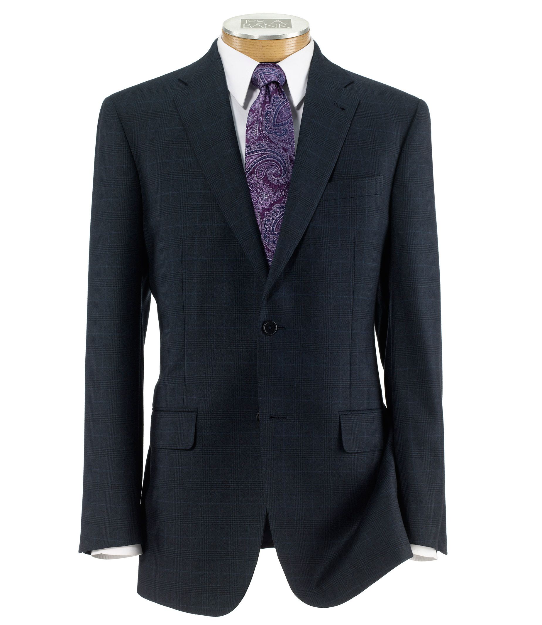Signature Gold 2-Button Tailored Fit Wool Suit- Navy Plaid Milled
