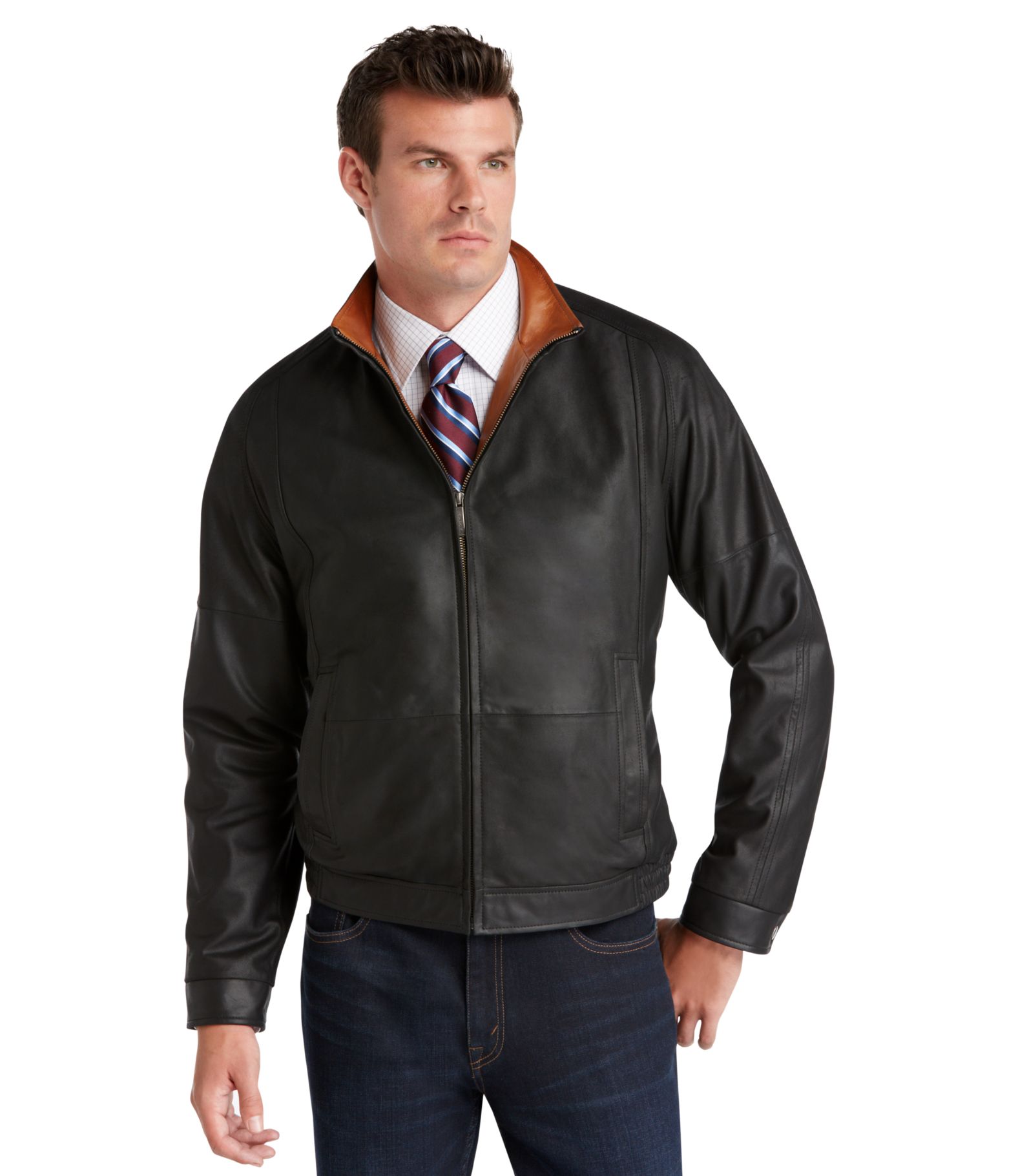 Signature Collection Traditional Fit Leather Bomber Jacket - | Jos ...