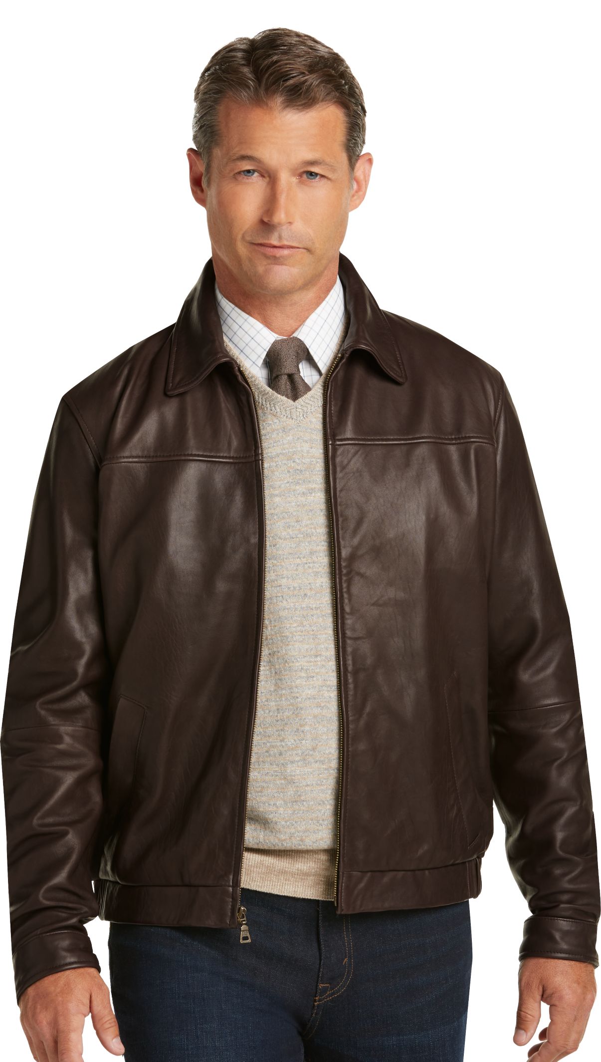 Signature Collection Traditional Fit Leather Bomber Jacket - | Jos ...