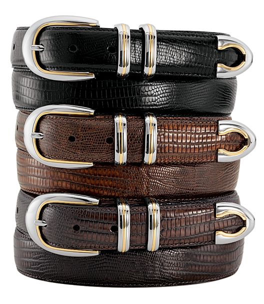 Lizard Embossed Belt with Four-Piece Shiny Two-Tone Hardware