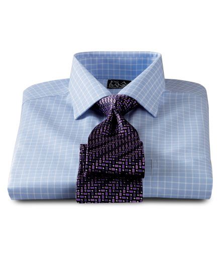 Traveler Spread Collar Barrel Cuff Broadcloth Blue Ground Check Dress Shirt- 2 for $99