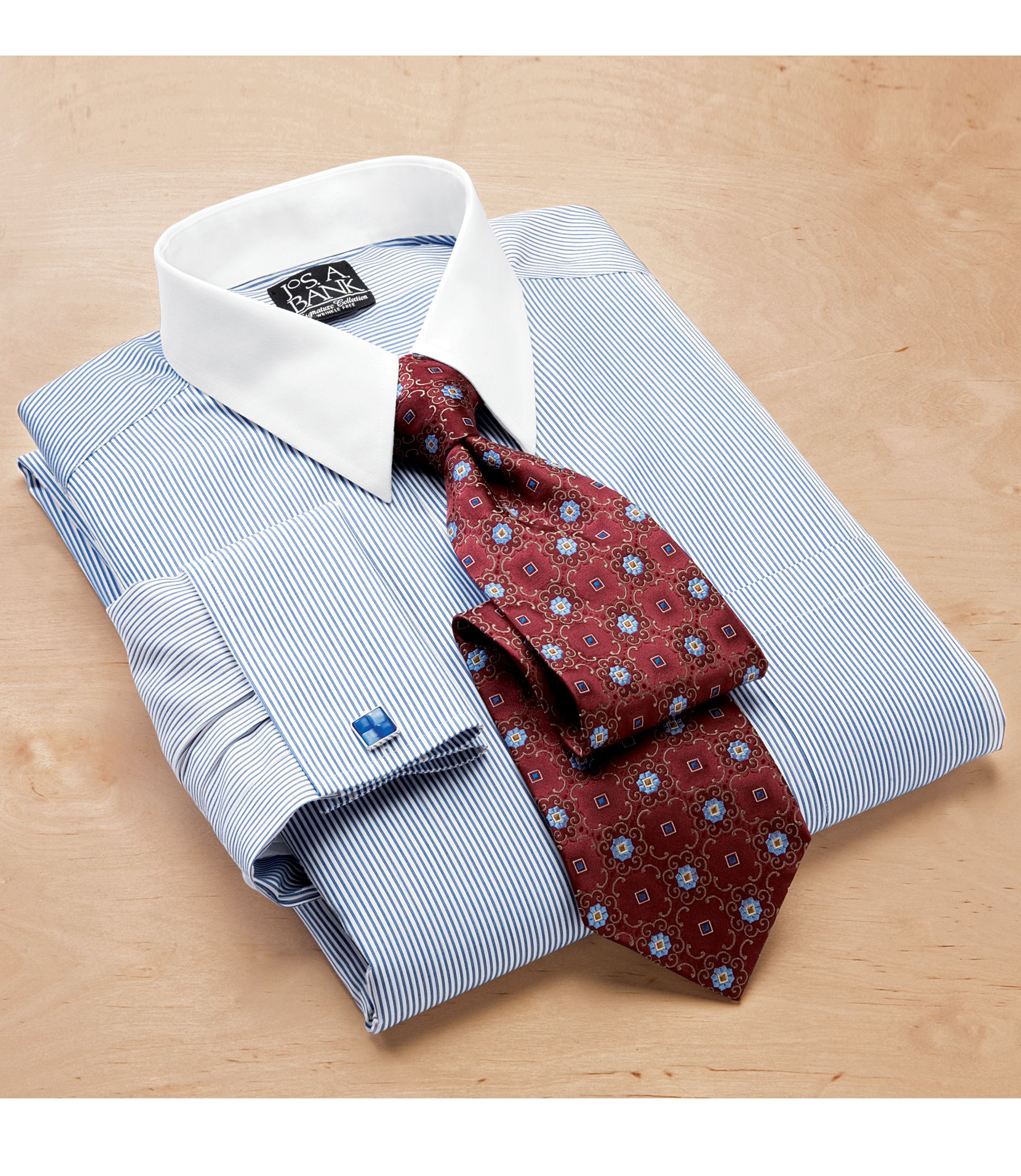 Signature Wrinkle-Free White Point Collar, Self French Cuff Stripe Dress Shirt